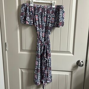 Michael Kors Off Shoulder Blue and Red Patterned Dress